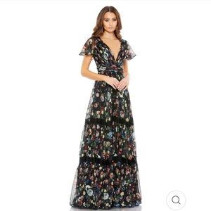 Mac Duggal FLORAL PRINT PLEATED WRAP OVER BUTTERFLY SLEEVE MAXI DRESS